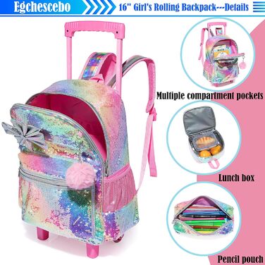 Дитячий рюкзак Egchescebo Satchel для дівчаток Колеса 17 3PCS Туристичні рюкзаки Рожевий bd