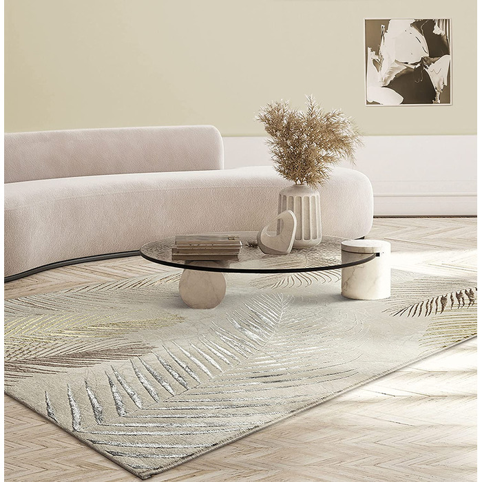 Сучасний килим для вітальні, елегантний блискучий килим з коротким ворсом для вітальні сірого кольору з золотим візерунком з срібних пір'я, килим (160 х 230 см, кремове перо)