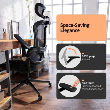 Офісний стіл-крісло Monhey з регулюванням висоти, поворотне з відкидними підлокітниками, дихаюча сітка, регульована підголовник та інтелектуальна підтримка попереку – для дому/офісу, чорний