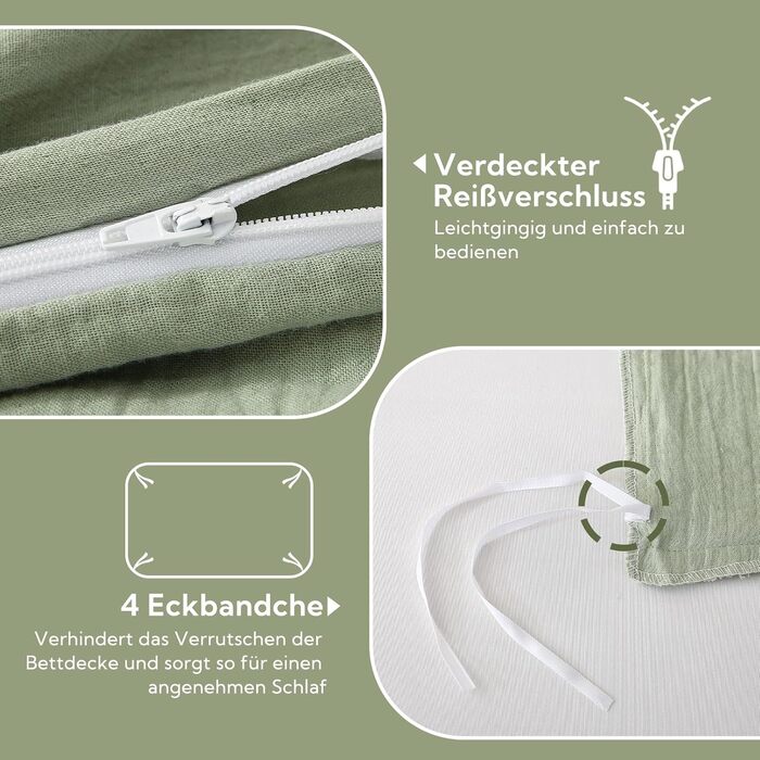 SOULFUL Комплект постільної білизни з мусліну 200x200, бавовна, 3 шт. (1x простирадло 200x200, 2x наволочки 80x80), Органічна білизна, колір лакричник, з блискавкою