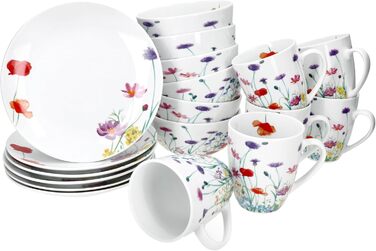Набір посуду MamboCat Marie 18 предметів для сніданку (6 персон) | Фарфор з квітковим декором | 6 тарілок, 6 кавових чашок 320мл, 6 глибоких тарілок 400мл