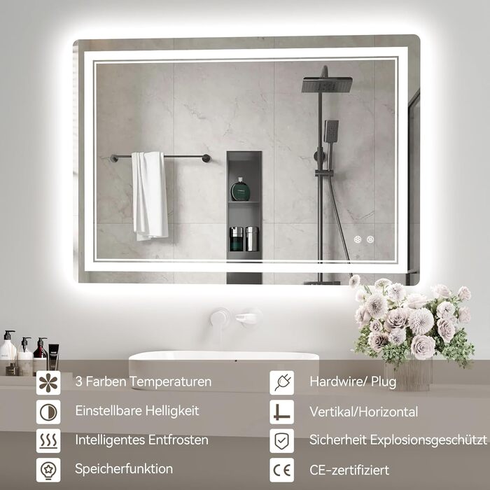 Дзеркало для ванної кімнати зі світлодіодним підсвічуванням 70x50 см, LED Smart дзеркало, антизапар, 3 кольори, регулювання яскравості, горизонтальне/вертикальне кріплення
