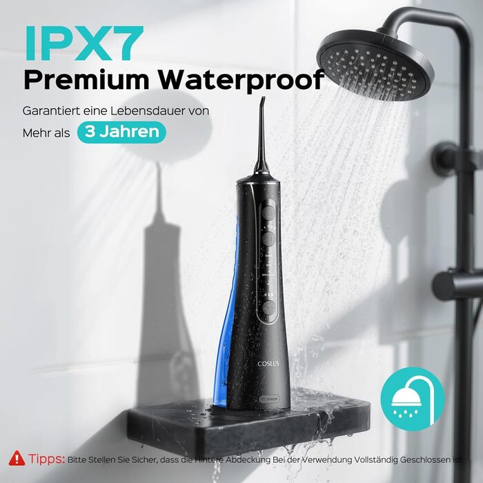 COSLUS Електрична душова лійка: 20 бар, IPX7, водонепроникна, 4 режими для догляду за порожниною рота, 5 інтенсивностей, чорна