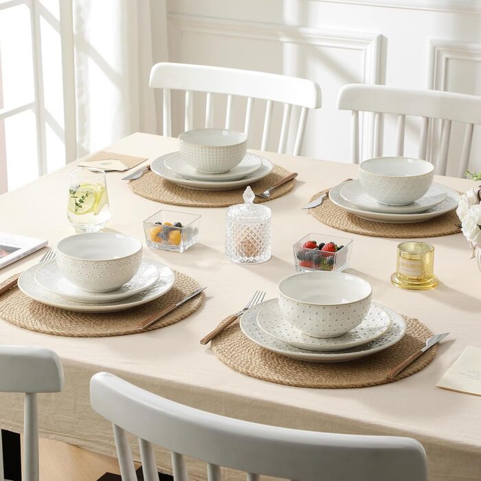 Набір посуду Malacasa LYDIA (24 шт.) для 4 осіб, бежевий: 16-ти частинний сервіз зі столових тарілок та чашок з рельєфом, з каменю