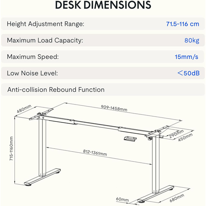 Електричний регульований стіл FlexiSpot з пам'яттю висоти та LED-дисплеєм, чорний (EN1)