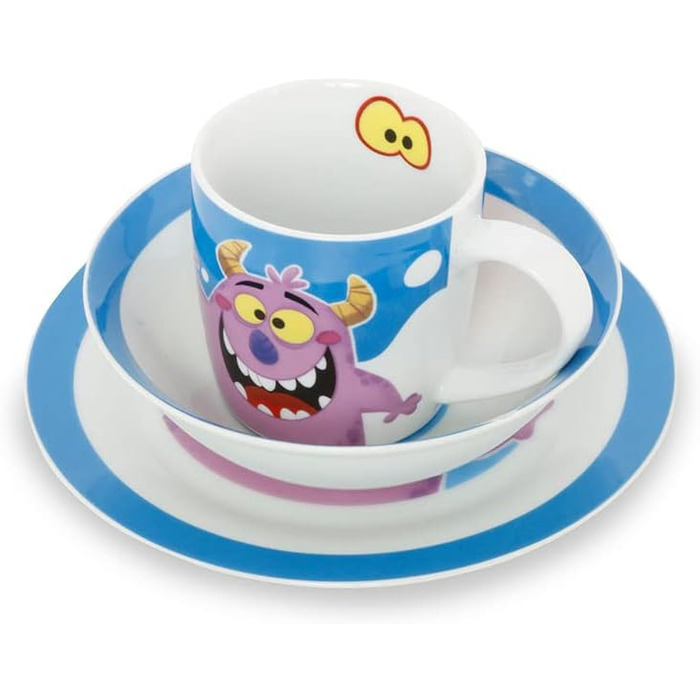 Набір дитячого посуду BIOZOYG з порцеляни (3 шт.): тарілка, чашка, миска. Безпечний, миється в посудомийній машині. Чудовий подарунок для дітей з веселим дизайном (монстр).