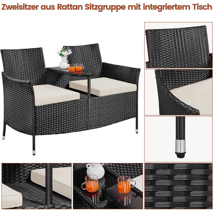 Садовий комплект Yaheetech: двомісна банкетка з столом з поліротангу, чорно-бежевий, 131x65,5x85 см, вантажопідйомність 350 кг