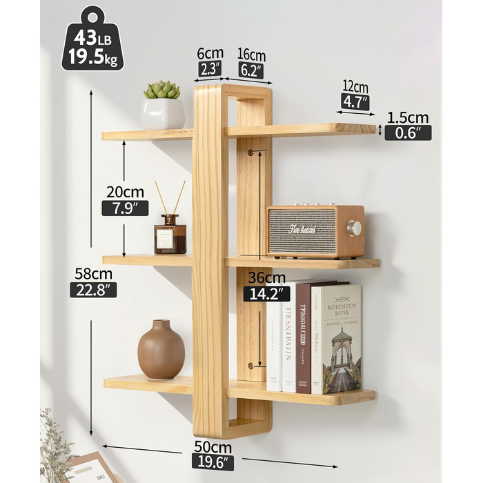 Полиця настінна SUMGAR з дерева, плаваюча, три яруси, 50x58 см (біла/дерево) для вітальні, спальні