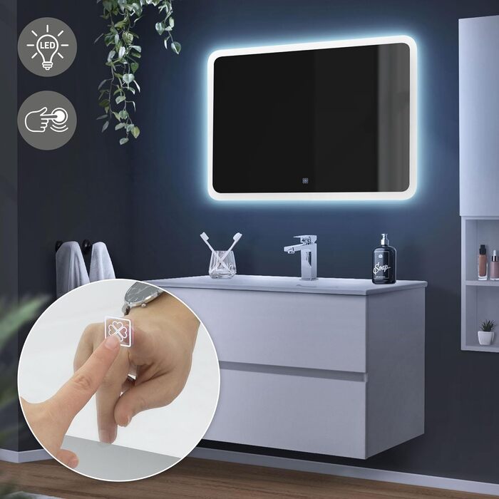 Дзеркало для ванної кімнати ML-Design з LED-підсвічуванням, 90 x 60 см, білий колір, сенсорне керування