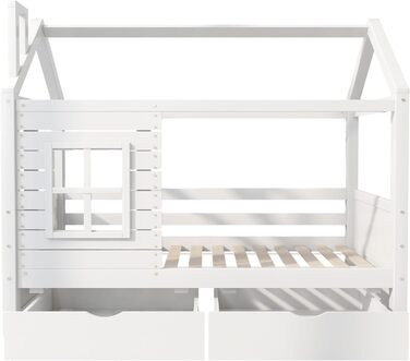Дитяче ліжко 80x160 см з ящиками та віконцем, масивне дерево, захист від падіння, ламелі, для хлопчиків та дівчаток, ліжко-будиночок, без матраца, білий колір