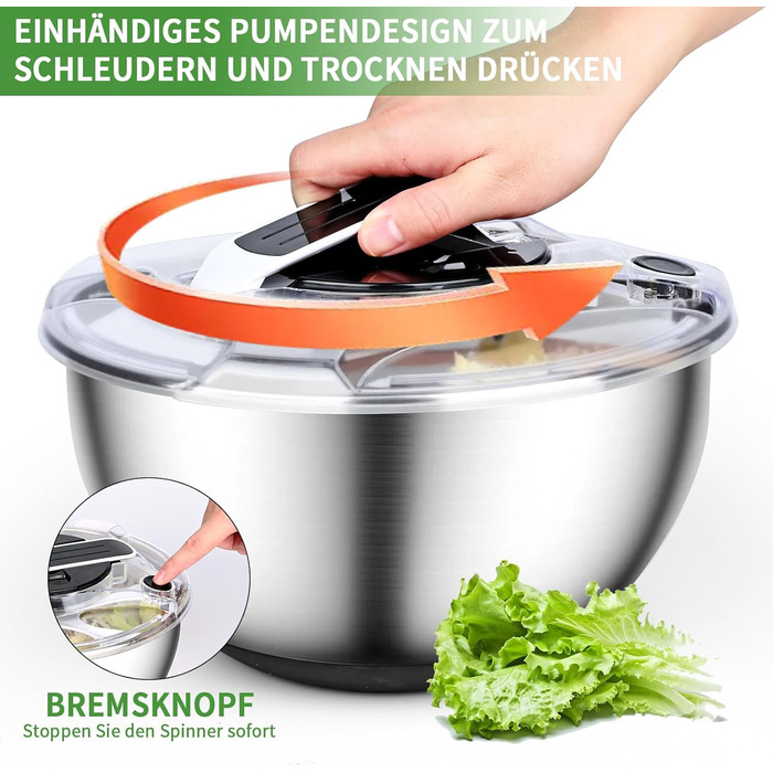 Салатниця-центрифуга 4.5л з нержавіючої сталі - для миття овочів, зелені та ягід