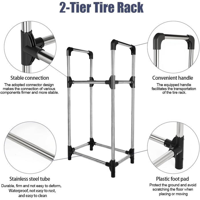 Стійка для шин BAOYOUNI на 4 шини/диски, 2 яруси, сіро-срібна, 57,2 x 37,3 x 114,6 см