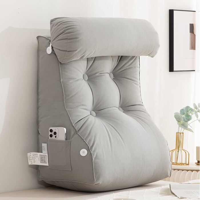 Подушка для читання COYEUX, велика подушка для ліжка з кишенею, спинка для телевізора, клиновий килимок з підголовником, для сидіння в ліжку, на дивані або на підлозі (світло-сірий, ширина 45 см (з підголовником))