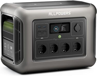 Портативна електростанція ALLPOWERS R1500, акумулятор LiFePO4 1152 Втгод, вихід змінного струму 1800 Вт, тихий 43 дБ, резервне живлення