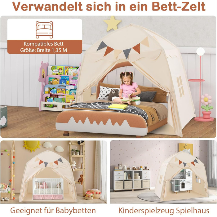 Дитяче намет-ліжко DREAMADE 2 в 1 з гірляндою та прапором, ігровий намет для дитячої кімнати, ігровий будиночок для дітей від 3 років (Бежевий)