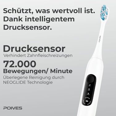 Електрична зубна щітка POIVES P1 Pro з датчиком тиску, 72 000 рухів, гарантія до 4 років, 111 днів без ризику, тривалий час роботи, колір Midnight Blue (P1 Pro Silk White)