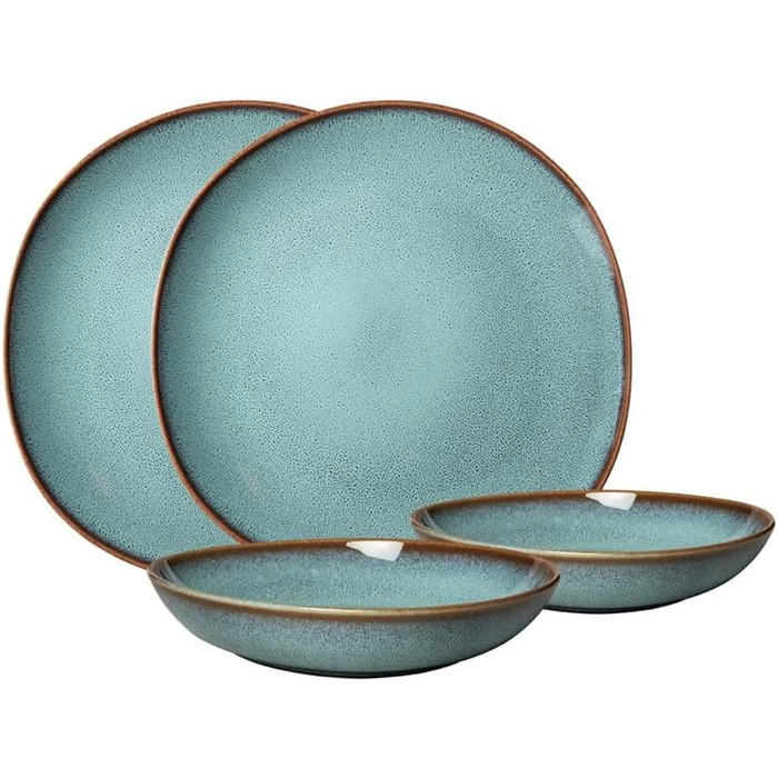 Як. by Villeroy & Boch - Набір посуду з кераміки Lave Glac, 6 предметів, гончарний вигляд, сніданок (на 2 персони, набір посуду, бірюза)