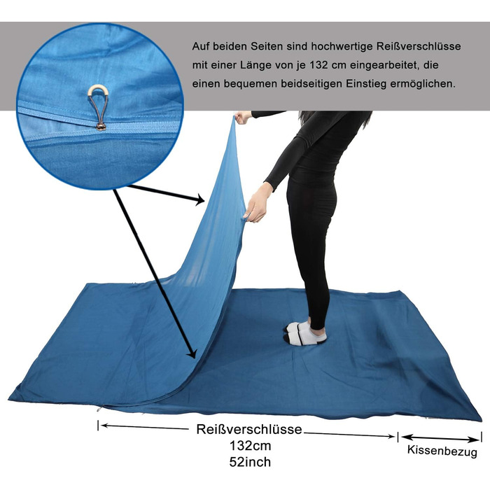 Шовковий / бавовняний спальний мішок BROWINT, дорожній спальний мішок на подвійній блискавці з відділенням для подушок, дуже широкий спальний мішок для котеджів 220 см х 110 см для гуртожитків, легкий, компактний і дихаючий, темно-синій