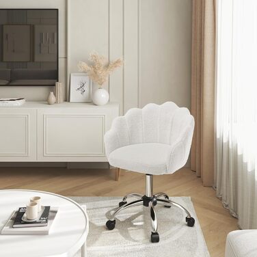 Крісло WOLTU для офісу та дому, крісло до туалетного столика з м'якою спинкою у вигляді пелюсток, поворотне з колесами, регульоване по висоті, для робочого кабінету, спальні, (кремово-білий, кашеміровий матеріал)