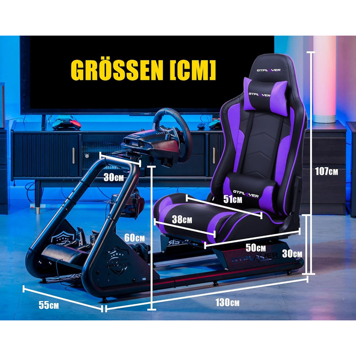 GTPLAYER Симулятор кокпіт для гонок, стійка для керма та педалей з динаміками (Ліловий)