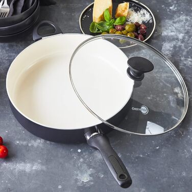 GreenPan Rio: антипригарна сковорода з керамічним покриттям 30 см, 4.8 л з кришкою, без PFAS, охолоджувальна ручка, до 160°C в духовці, для миття в посудомийній машині, чорно-кремовий колір, не для індукції