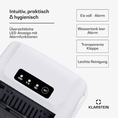 Машина для приготування льоду Klarstein - 12 кг/24 год, 2 розміри, резервуар 1,3 л, LED-дисплеї, прозорий кришка, портативна, для вечірок/садових свят, білий