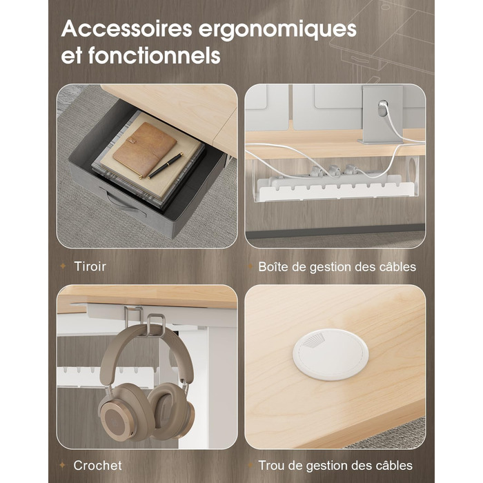 Регульований стіл Devoko: електричний, 140x80 см, з ящиками, USB-порт, органайзер для кабелів, стоячий стіл з пам'яттю, білий