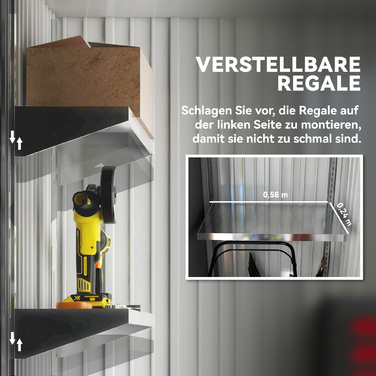 Сарай для інструментів на вулиці, з хвильового металу, з дизайном стін, регульовані полиці, замикаючі двері, темно-сірий