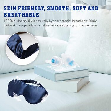 Шовкова маска для сну Hearprotek з берушами та атласною сумкою темно-синя