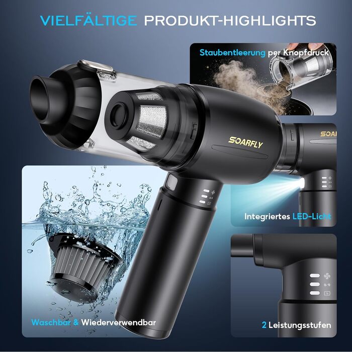 Акумуляторний ручний пилосос SoarFly 4 в 1, 25000Па, бездротовий міні-пилосос для авто, дому та ПК з безщітковим двигуном, LED-підсвіткою та набором щіток, чорний