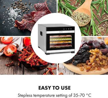 Електричний дегідратор Klarstein Flavour Dry з нержавіючою сталлю, 6 решіток, LCD-дисплеєм, таймером та 360° циркуляцією повітря