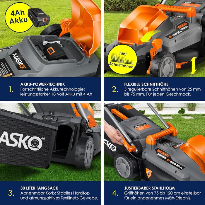 Акумуляторний газонокосарка MASKO з функцією мульчування, 2 акумулятори Li-Ion 4Ah, подвійний зарядний пристрій, триммер, ширина косіння 37 см, 6 положень висоти, кошик 40 л, площа до 600 м², в комплекті рукавички та щітка (ширина косіння 33 см, чорний/по