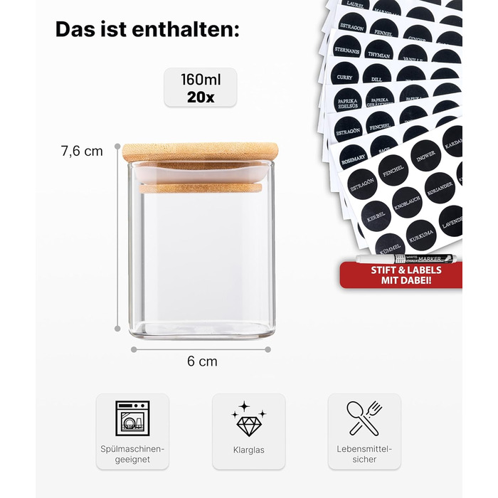 Набір скляних баночок для спецій Deco haus® з дерев'яними кришками (10 шт.) - Набір контейнерів для спецій, баночки для приправ