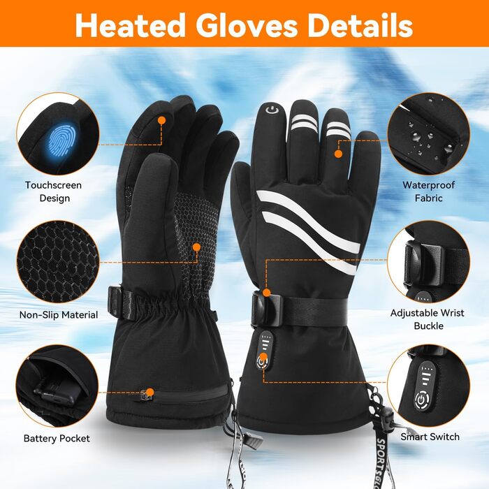 Електричні гріючі рукавички Rasfalo для чоловіків та жінок, акумулятор 2600mAh, 3 режими нагріву, водонепроникні, чорні