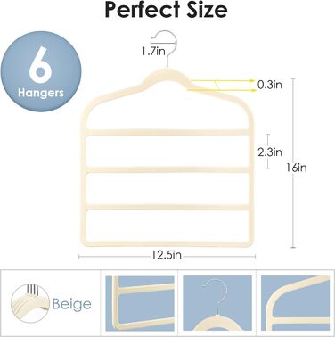 Набір з 6 вешалок для штанів DUDUCOFU з оксамитовим покриттям, ABS пластик, бежевий колір