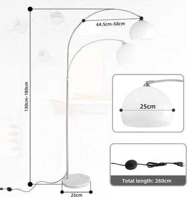 Дуговий світильник CCLIFE LED E27 регулюється по висоті, мармурова основа, білий/помаранчевий, 145-220 см