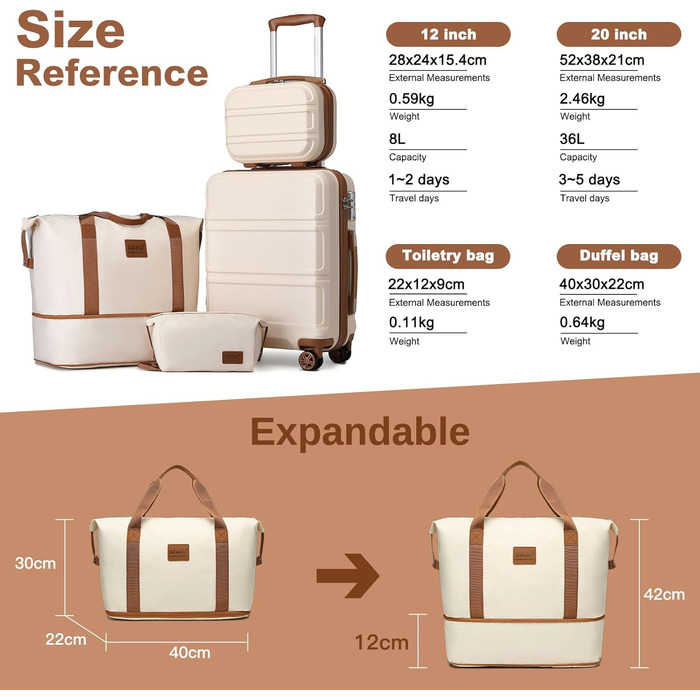 Набір валіз KONO 6-ти частинний: велика валіза, середній кофр, ручна сумка, косметичка. Колір: білий/коричневий