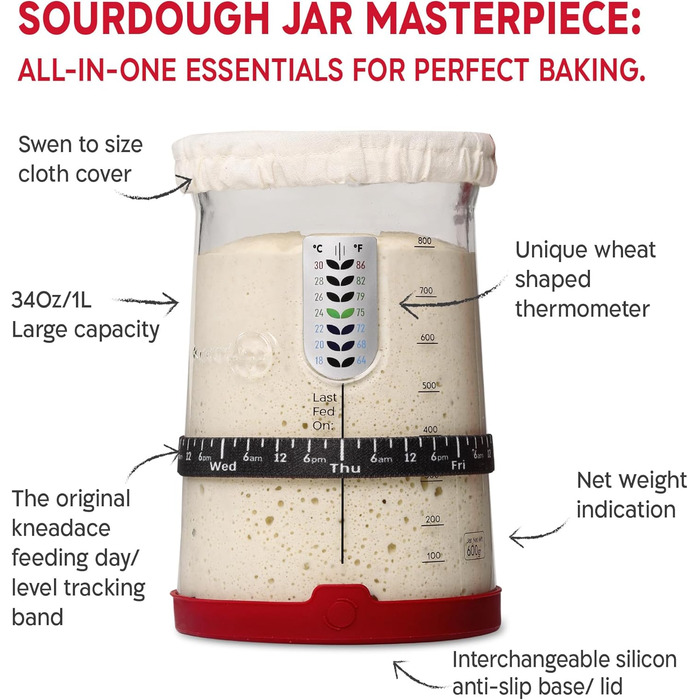 Набір для закваски KneadAce: банка 680.4 г, 2 корзини для вистоювання Banneton, лама для надрізання хліба, подарунок для пекаря. Комплект для випікання заквасового хліба (680.4 г, 2 корзини, червона лама)
