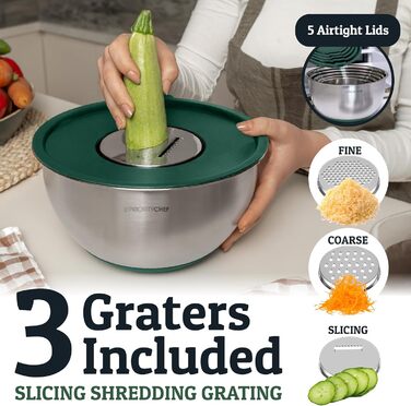Набір міксерів PriorityChef з нержавіючої сталі з кришками, 3 тертки, герметичні кришки, силіконова основа, набір для кухні, великі миски для приготування їжі, зелений