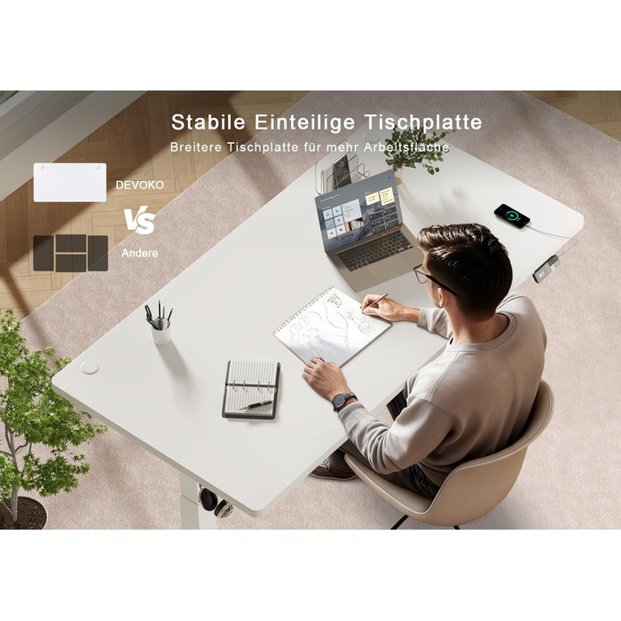 Електричний підйомний стіл Devoko 160x80 см, ергономічний комп'ютерний стіл для роботи стоячи та сидячи, подвійний мотор, пам'ять, USB-C, білий
