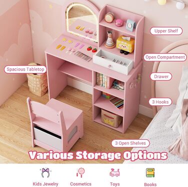 Дитячий туалетний столик LIFEZEAL 2 в 1 з дзеркалом та пуфом, рожевий, з ящиком та аксесуарами для дівчаток від 3 років