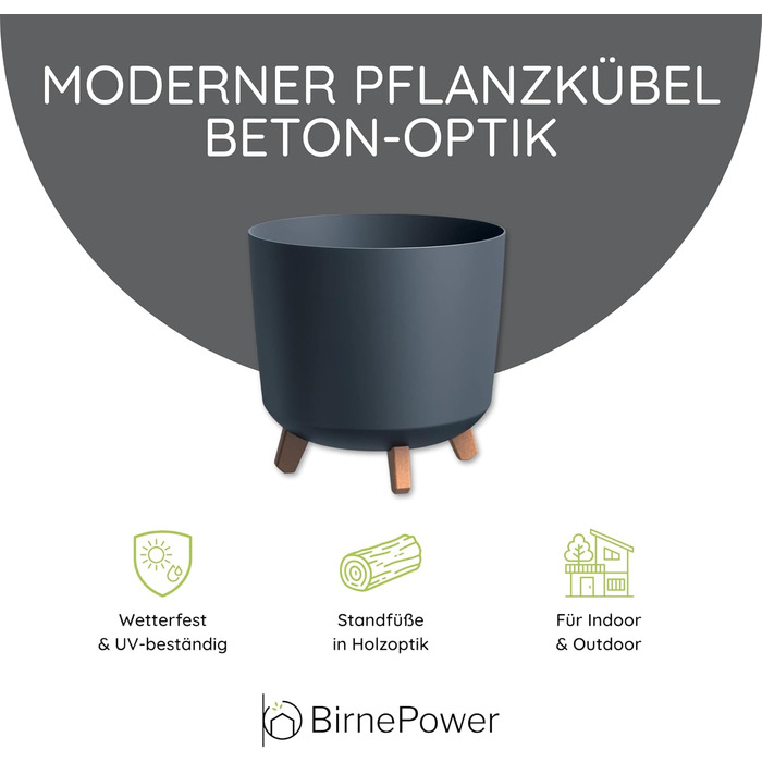 Плантатор BirnePower Gracia Slim 44,5 см – Сучасний горщик для квітів з ніжками, бетонна текстура, стійкий до УФ та погодних умов, елегантний кашпо для балкона, саду, інтер'єру – Антрацит (28,5 см)