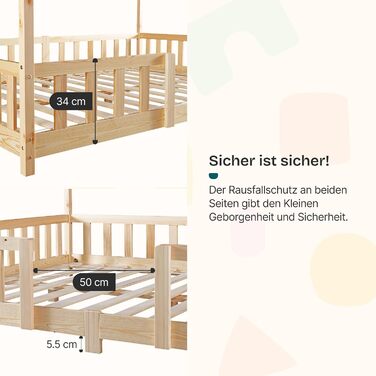 Дитяче ліжко Treviolo з захистом від падіння, 120x200 см, з ламелями, з сосни, колір дерева, Montessori