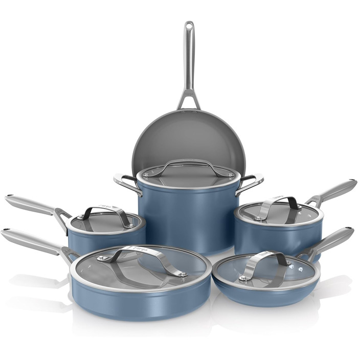 Набір посуду Ninja Ceramic Pro CW39011MM: 11 предметів, керамічне покриття, антипригарні каструлі та сковорідки з кришками, сумісний з індукцією, для всіх типів плит, PTFE-free, Blue Macaron