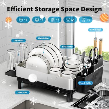 Сушарка для посуду Ewaiira з нержавіючої сталі, чорна, 1 ярус, з обертовим краном 360° та тримачем для столових приладів
