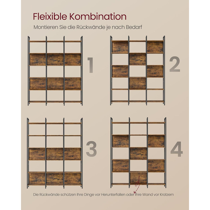 Стелаж VASAGLE з 5 відкритими полицями: для кухні, вітальні, офісу, промисловий дизайн, 24 x 128 x 154,1 см, vintagebraun-tintenschwarz