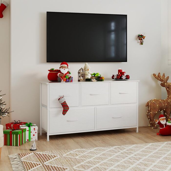 Тумбочка з шухлядами Somdot, тканинна тумбочка, біла тумбочка для спальні, вітальні, прихожої, 5 шухляд, 30x100x52.5 см