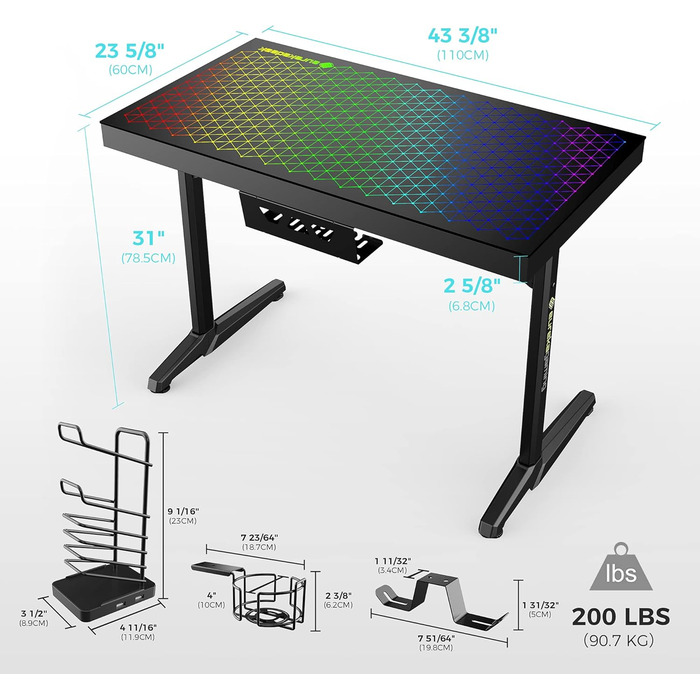 Ігровий стіл EUREKA ERGONOMIC RGB 110 см з підсвічуванням, 110 x 60 см
