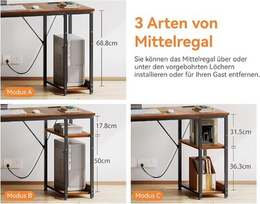 Комп'ютерний стіл Coleshome з ящиками з тканини, 130x48 см, з 2 розетками та 2 USB-портами, з полицею, для офісу/вітальні, коричневий, 130x48x75.7 см