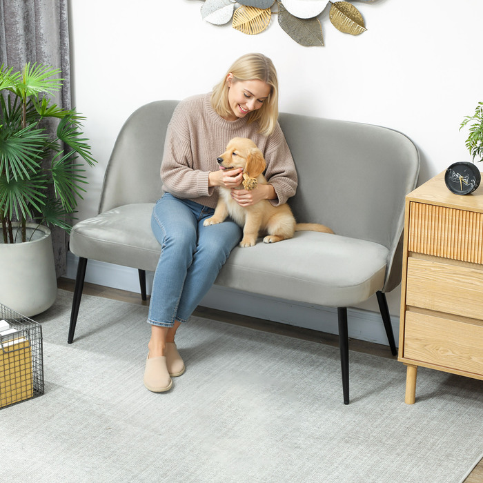 Двомісний диван, сучасний м'який диван з металевим та дерев'яним каркасом, оксамитовий матеріал обтягування, сірий